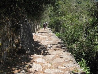 Hikers on the stone Inca Trail with the Andes ahead