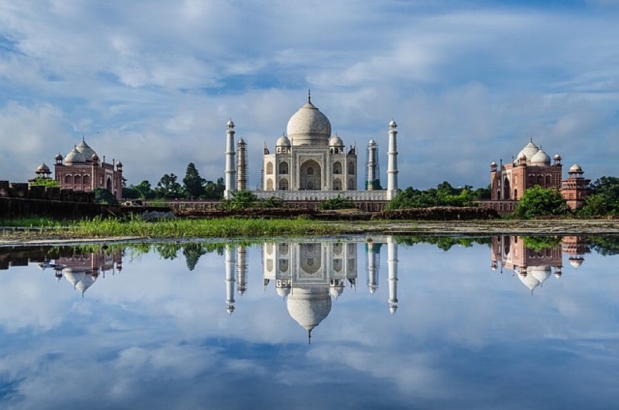 The Taj Mahal seen from across the Yamuna, its north face reflected in the water