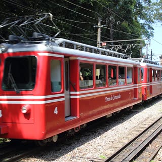 The red Corcovado train standing at the Paineiras station among trees